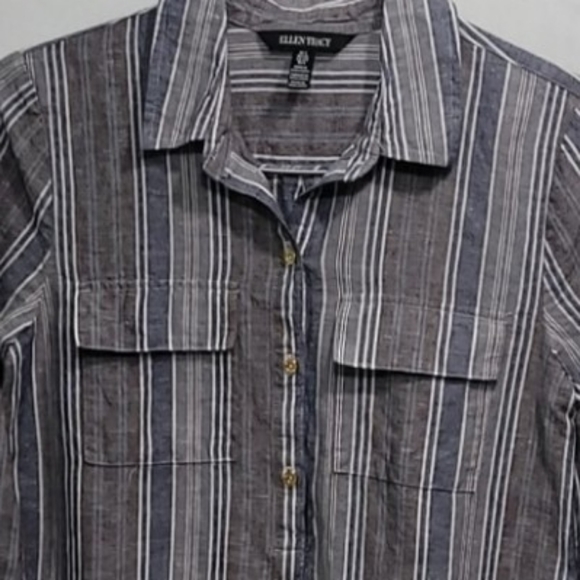 Ellen Tracy Button Down Shirt Linen Blend Chest Pockets Striped Collar - Picture 2 of 5